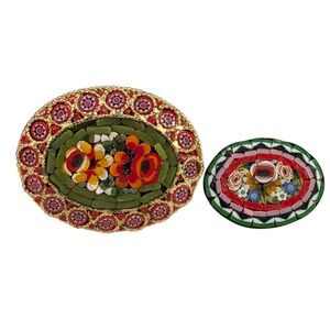 Vintage Italian Micro Mosaic Floral Brooch Set Oval Gold Tone Millefiori Pins